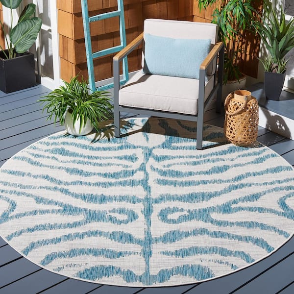 Courtyard Ivory/Aqua 7 ft. x 7 ft. Zebra Indoor/Outdoor Round Area Rug