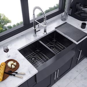 33 in. L x 21 in. W Farmhouse Apron Front Double Bowls 16 Gauge Stainless Steel Kitchen Sink in Gunmetal Black