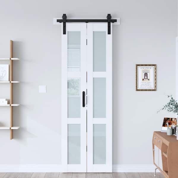 28 in. x 84 in. 3-Lite Tempered Frosted Glass Solid Core White Finished MDF Wood Bi-Fold Door with Hardware Kit