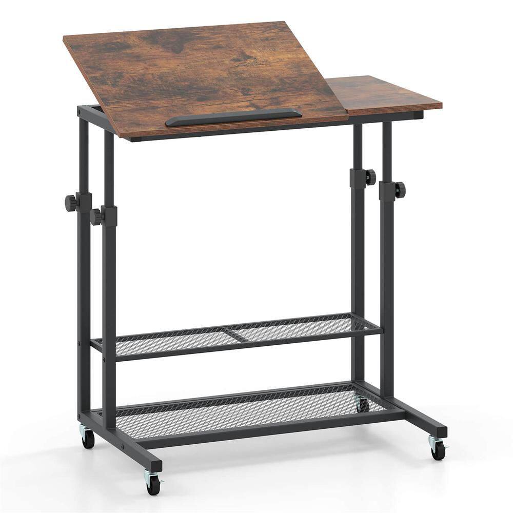 32 in. Rectangular Gray Engineered Wood 0-Drawer Mobile Stand up Desk with Tilting Tabletop Storage Shelves Wheels