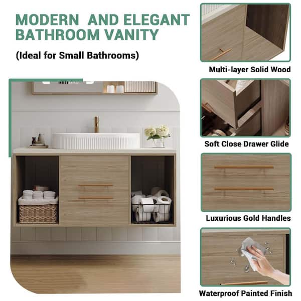 40 in. Wall Mounted Single Sink Light Oak Bath Vanity with White Solid Wood Top Requires Assembly