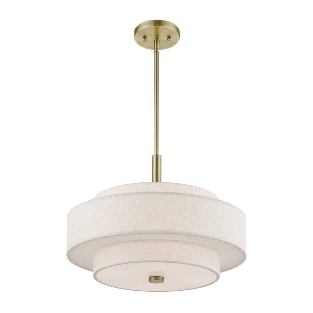 Mini Monroe Antique Brass 4-Light Drum Pendant with Oatmeal Shade