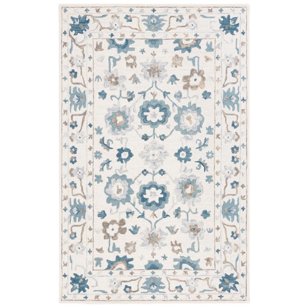 Ivory and Blue Handmade Wool Floral 3' x 5' Area Rug