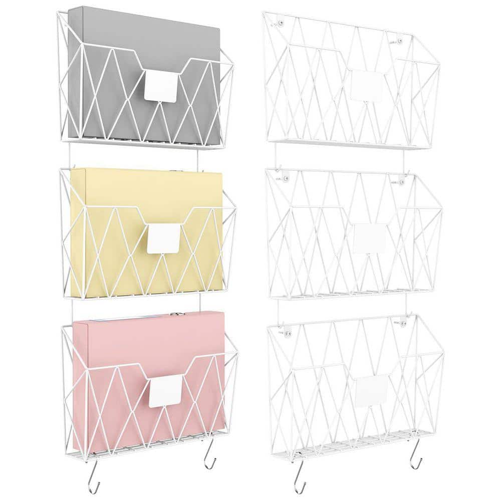 Wall Magazine Racks-White Metal Hanging File Holders with Hooks