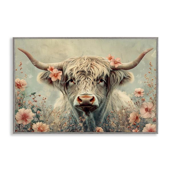 Stupell Industries Cow with Cherry Blossoms by LSR Design Studio Gray Framed Animal Giclee Art Print 12 in. x 18 in.