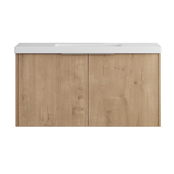FORCLOVER 35-7/16 in. W x 18-1/8 in. D x 19-5/16 in. H Bath Vanity in Imitative Oak with White Resin Basin
