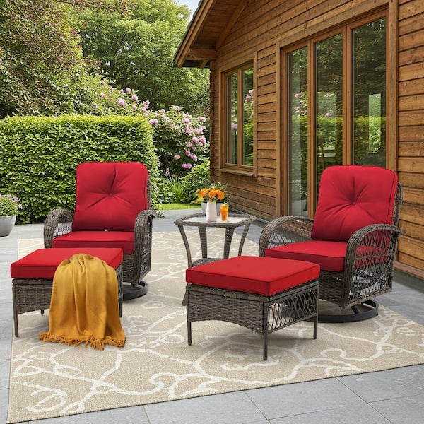 HOMMOW 5-Piece Outdoor Furniture Set Wicker Patio Conversation Set Swivel Rocking Chairs with Ottomans and Glass Table, WineRed