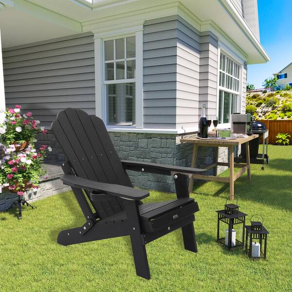 Kadehome 1-piece Folding Plastic Outdoor Adirondack Chair in Black