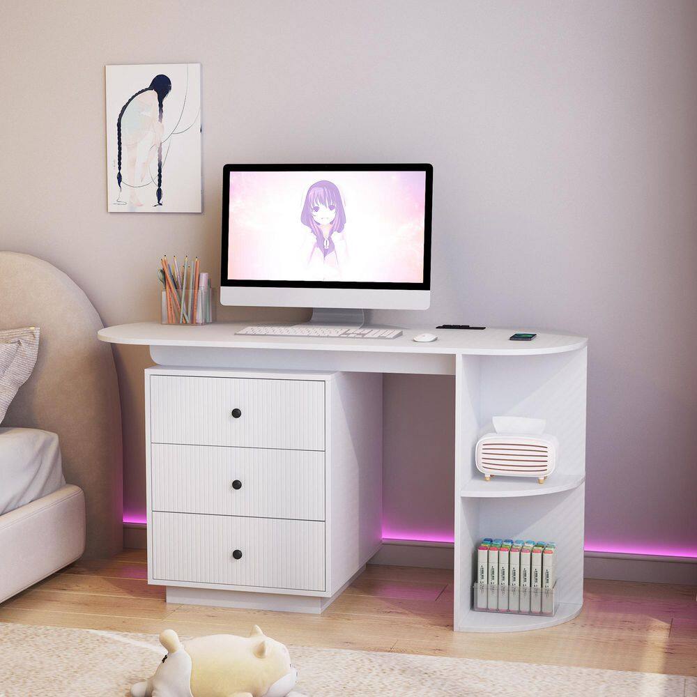 63 in. White Home Office Desk with Hutch & Storage Drawers, Expandable Computer Writing Table, Bookshelf & Power Outlets