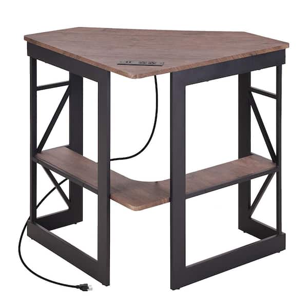 VECELO Escritorio Esquinero Para Computadora Con Bandeja De Teclado Suave Y Estantes De Almacenamiento, Mesa Triangular Compacta Para Oficina En Casa, Teca
