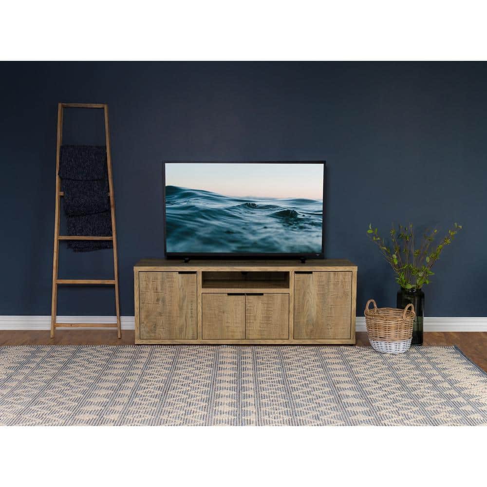 Rustic Brown Mango Wood 4-Door TV Stand with Cabinet