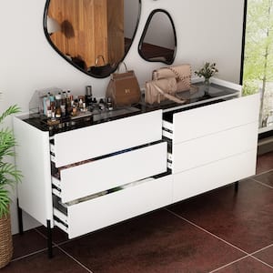 White Wood 6-Drawer 63 in. W Wood Dresser Storage Cabinet With Glass Top, Metal Legs