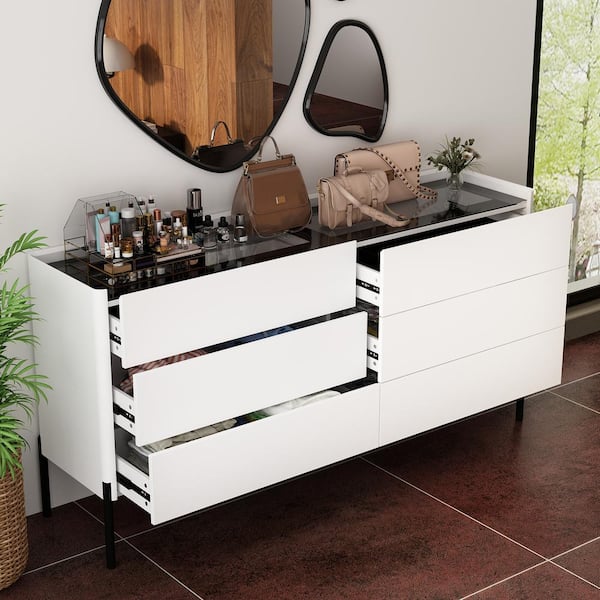 FUFU&GAGA White Wood 6-Drawer 63 in. W Wood Dresser Storage Cabinet With Glass Top, Metal Legs