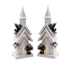15.2 in. H Battery Operated Lighted Fir Wood Christmas Village Church with Pine Accents, Includes Timer(Set of 2)