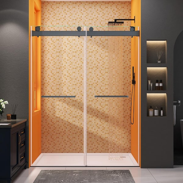 Zeafive 60 in. W x 79 in. H Frameless Shower Door Alcove Bypass Double Sliding Shower Doors in Matte Black 3/8 in. Clear Glass