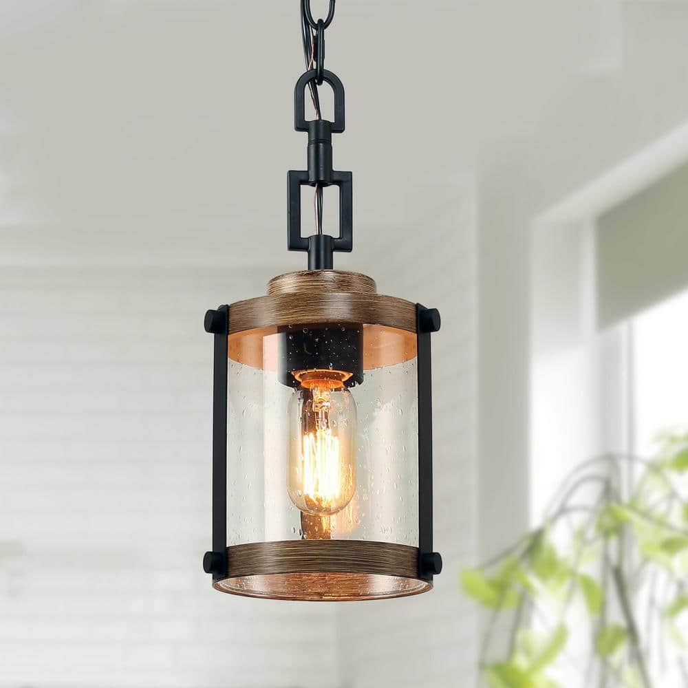 LNC 3IQUQNHD13508M6 Modern Farmhouse Brown Chandelier 1-Light Black Drum Mini Island Pendant Light with Seeded Glass Shades, image size:1000x1000