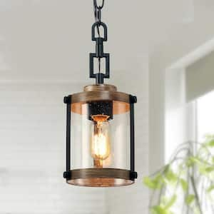 Modern Farmhouse Brown Chandelier 1-Light 6 in. Black Drum Mini Island Pendant Light with Seeded Glass Shades