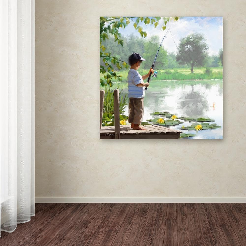 Boy Fishing Scenic Canvas Art in Green and Blue