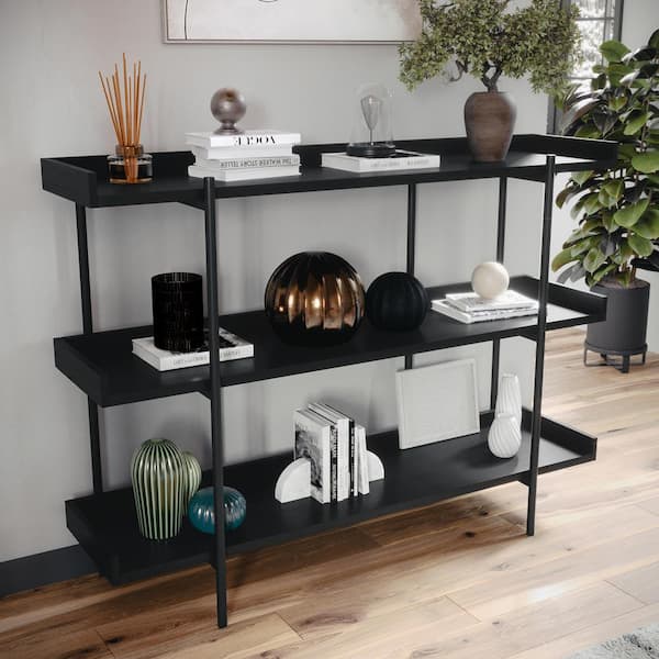 37 in. Tall Black Wood Grain/Oil Rubbed Bronze Metal 3 Shelf Standard Bookcase