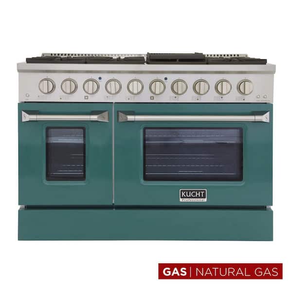 Pro-Style 48 in. 6.7 cu. ft. Double Oven Natural Gas Range with 8 Burners in Stainless Steel with Green Oven Doors