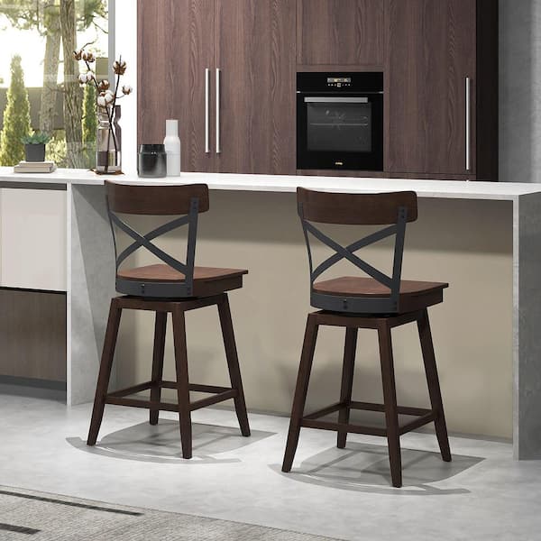 Set of 2 24 in. Brown Metal Swivel Bar Stools Counter Height Kitchen Chairs w/Back
