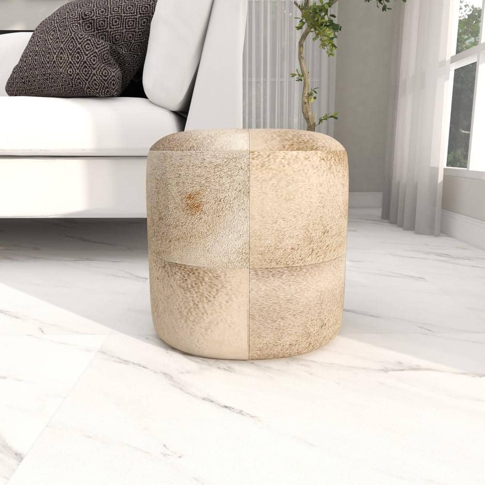 Gray Handmade Cowhide Patchwork Pouf Ottoman 16" x 16" x 16"