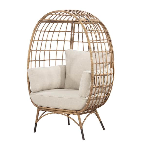 MEOOEM Patio 40 in. W Egg Chair with Beige Cushions, Backyard Indoor Outdoor Lounge Chairs (Khaki Wicker Wraped Iron Frame)