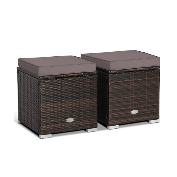 WELLFOR 2-Pieces Brown Wicker Outdoor Ottoman with Gray Cushion