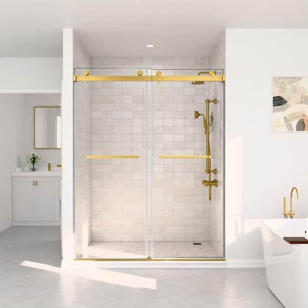 SHAAMA 72 in. W x 80 in. H Double Sliding Frameless Shower Door in Brushed Gold with Smooth Sliding and 3/8 in. Clear Glass