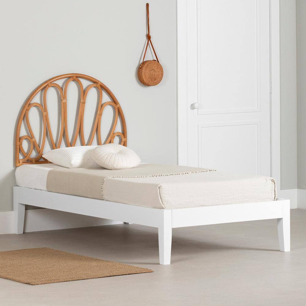 Twin Poplar Wood Platform Bed with Rattan Headboard and Drawer
