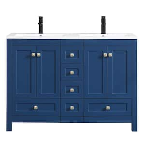 48 in. W. x 18 in. D x 34 in. H Sink Bath Vanity in Blue with White Resin Double Sink Top and Drain Faucet Set