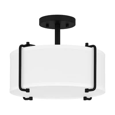 Brookley 14 in. 2-Light Matte Black Modern Semi-Flush Mount with White Fabric Shade