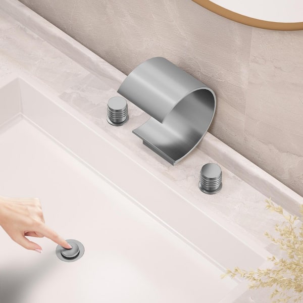 Modern Widespread 2-Handle Waterfall Bathroom Faucet with Pop-Up Drain Assembly, Water-Saving Design in Brushed Nickel