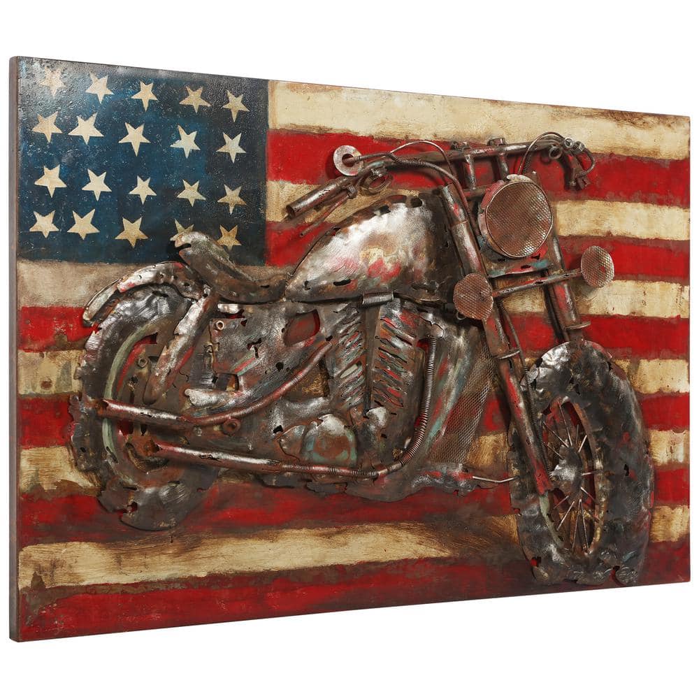 Patriotic Motorcycle Mixed Media Iron Wall Sculpture