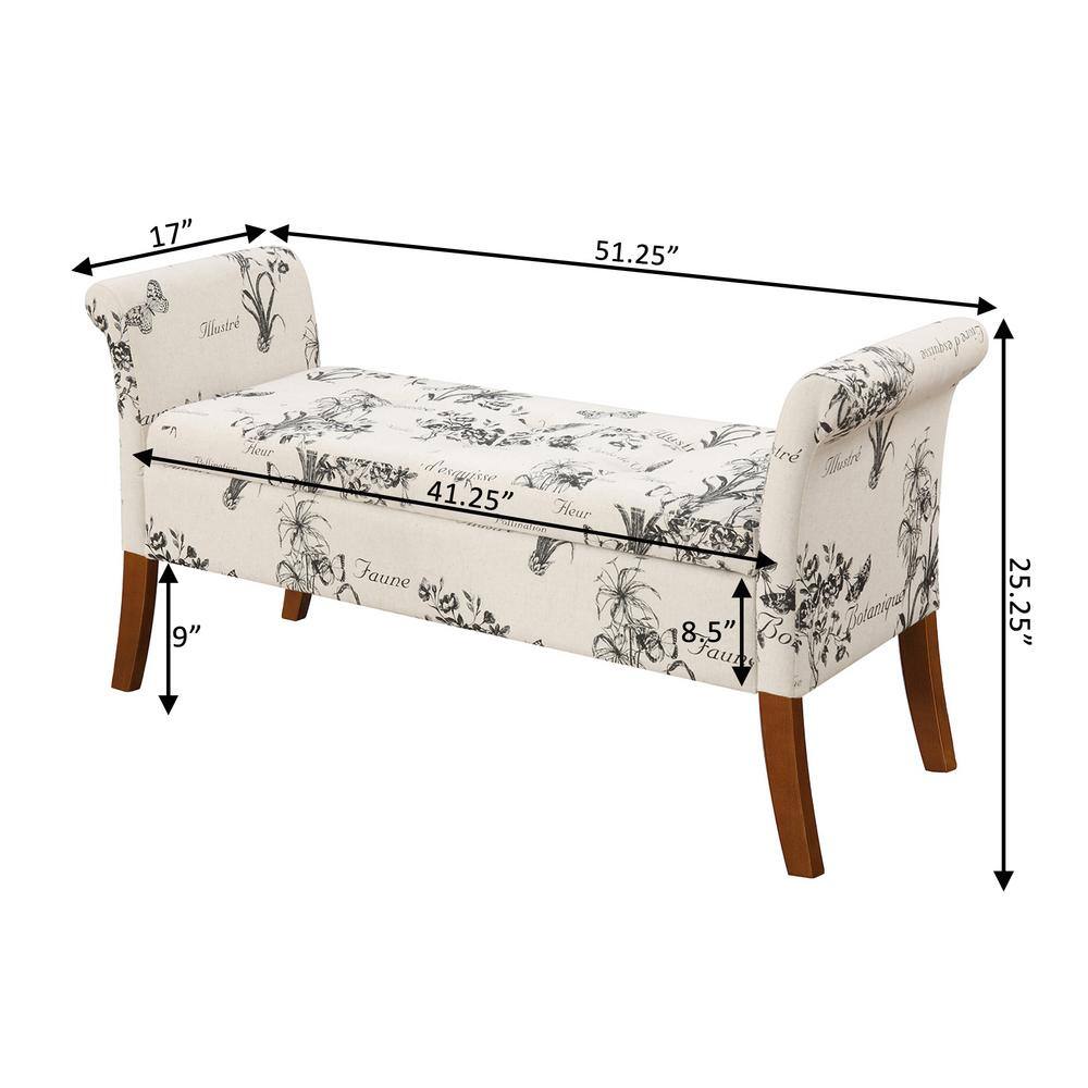 Beige Botanical Fabric Tufted Storage Bench with Rolled Armrests