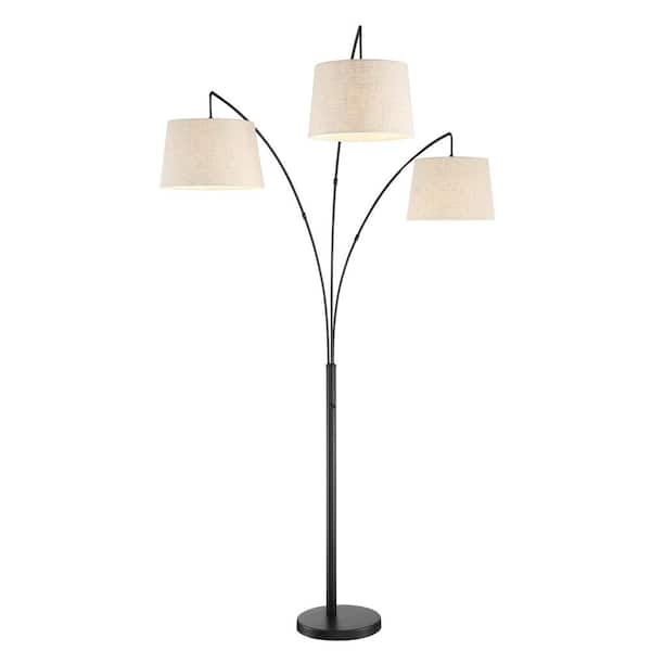 Kira Home Akira 78.5 in. Oil-rubbed Bronze Asian 3-Light Arc Floor Lamp with Oatmeal Shade