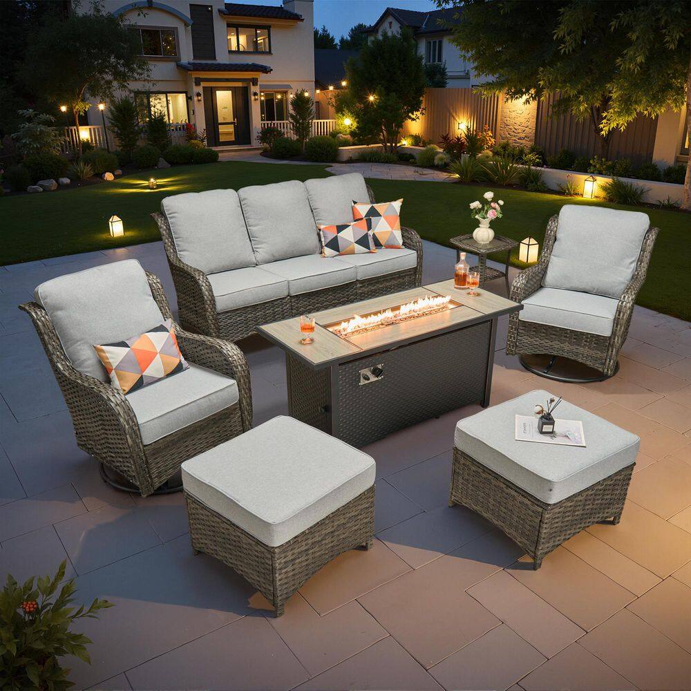 Joyoung Gray 7-Piece Wicker Patio 54 in. Rectangle Fire Pit Conversation Set with Gray Cushions and Swivel Chairs price history on PriceWatchPro