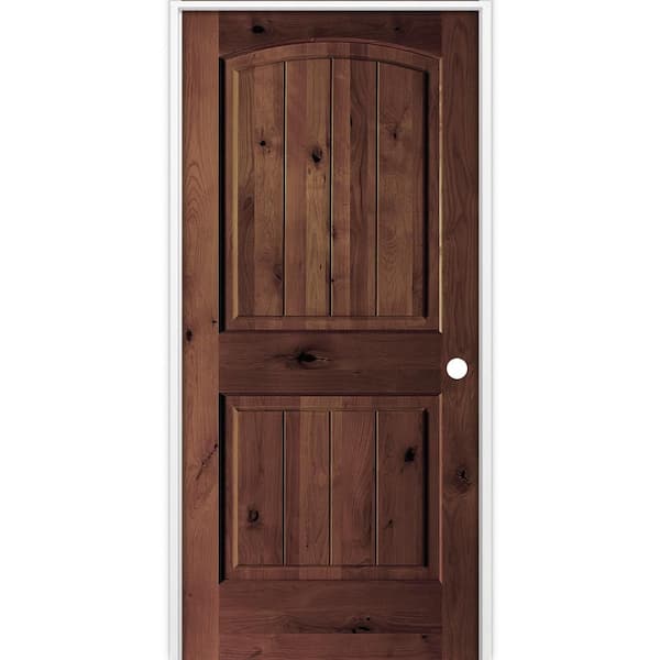 30 in. x 80 in. Rustic 2-Panel Arch Top VG Left-Hand Red Mahogany Stain Knotty Alder Wood Single Prehung Interior Door