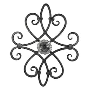 16-5/8 in. L x 1/2 in. H Wrought Iron Square Hammered Center Floral Rosette Panel with Collar Wrapped Scrolls