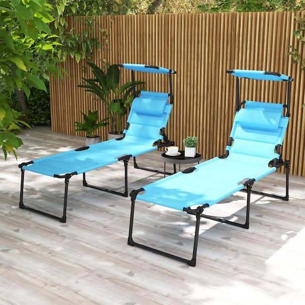Siavonce Outdoor Adjustable Folding Steel Padded Lawn Chair with Sun Canopy and Pillow Headrest, Light Blue (2-Piece)