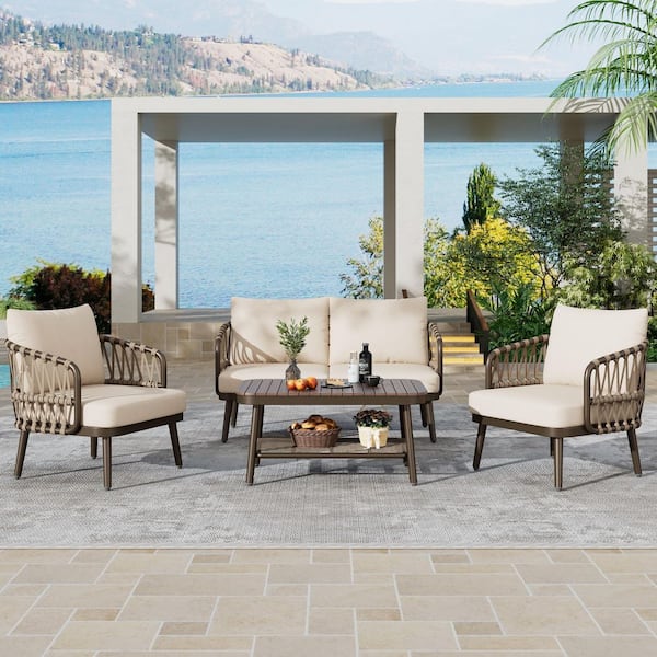 4-Piece Metal Patio Conversation Set with Beige Cushions and Coffee Table for Garden