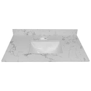 37 in. W x 22 in. D Engineered Stone Bathroom Vanity Top in Carrara White with Ceramic Single Sink and Backsplash