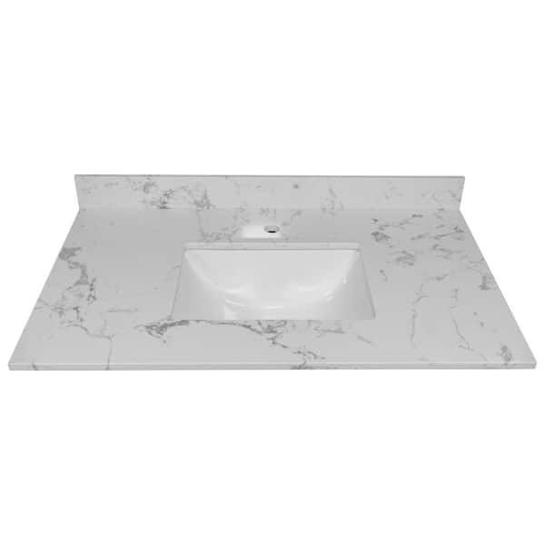 VANITYFUS 37 in. W x 22 in. D Engineered Stone Bathroom Vanity Top in Carrara White with Ceramic Single Sink and Backsplash