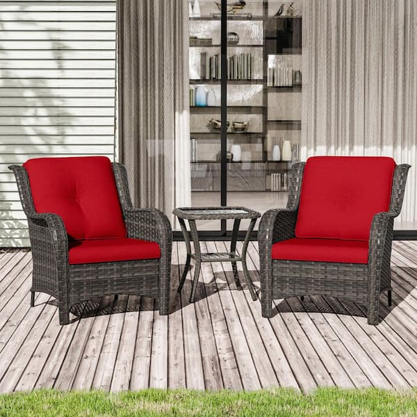 Gardenbee 3-Piece Wicker Patio Outdoor Lounge Chair Set with Red Cushions and Side Table