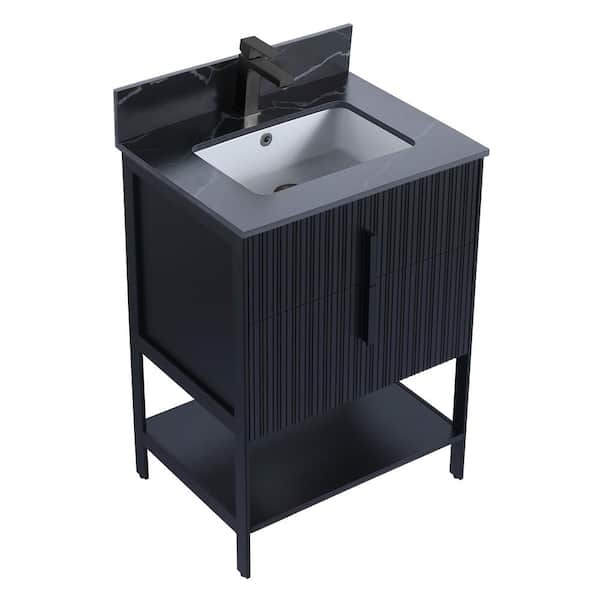 FINE FIXTURES 24 in. W x 18 in. D x 33.5 in. H in Black Matte Bath Vanity with Black Sintered Stone Top with Black Hardware
