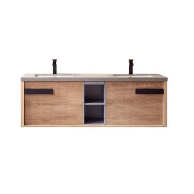 Carcastillo 63 in. W x 22 in. D x 21 in. H Bath Vanity in North American Oak with Grey Natural Stone Top