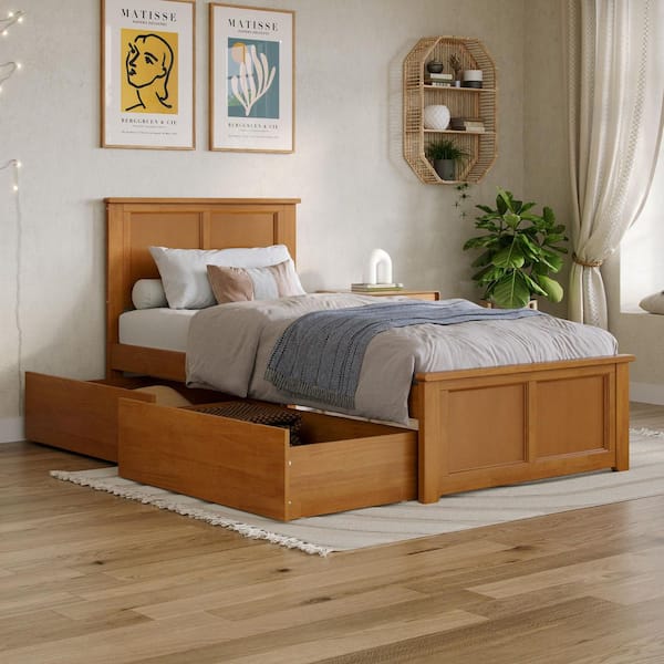 Madison Light Toffee Natural Bronze Solid Wood Frame Twin XL Platform Bed with Matching Footboard and Storage Drawers