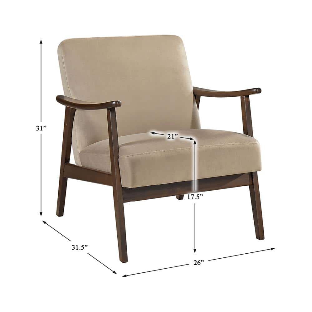 Light Brown Velvet and Wood Mid-Century Modern Accent Chair
