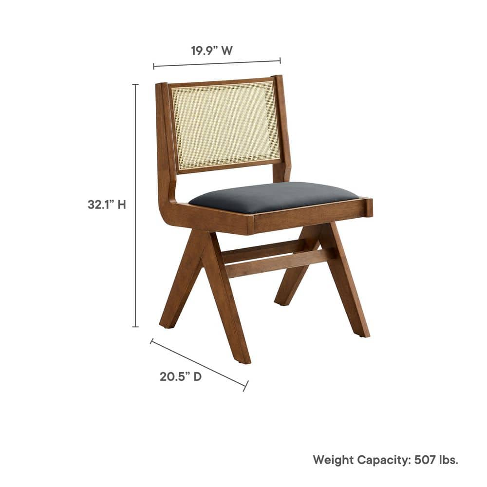 Walnut Black Low Rattan Cane Side Chair with Faux Leather Seat