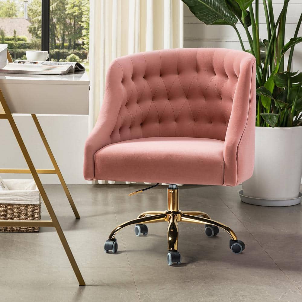 Ergonomic Pink Velvet Swivel Office Chair with Gold Metal Legs